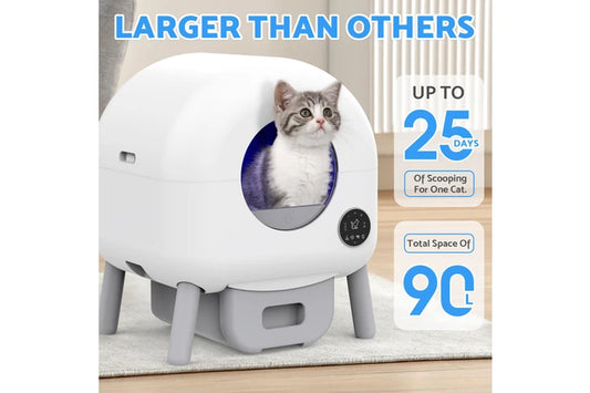 Pure Ego smart cat litter box with automatic self-cleaning feature and app control, showing sleek design and disposal tray.
