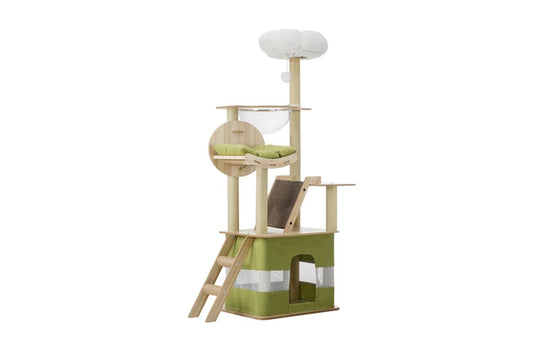 Pure Ego cat tree tower and scratching post, 152cm tall, with multiple platforms and sisal scratching surfaces for cats.
