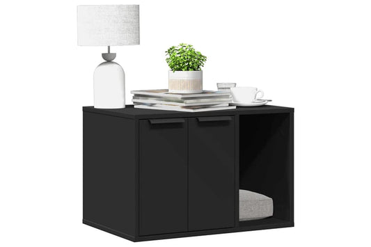 Black engineered wood cat litter box enclosure measuring 60x40x40 cm by Pure Ego, showing the sleek, modern design and open door.