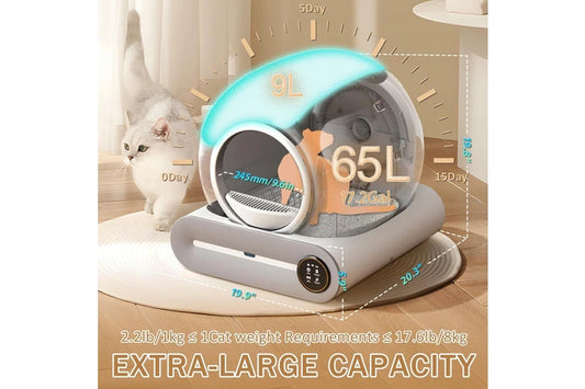 Pure Ego self-cleaning cat litter box for multiple cats, 65L+9L with app control and automatic cleaning, no scooping needed.