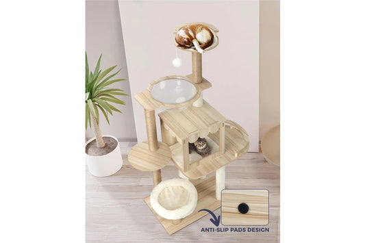 Pure Ego cat tree and scratching post, 131cm tall, featuring multiple levels and scratching surfaces for feline entertainment.