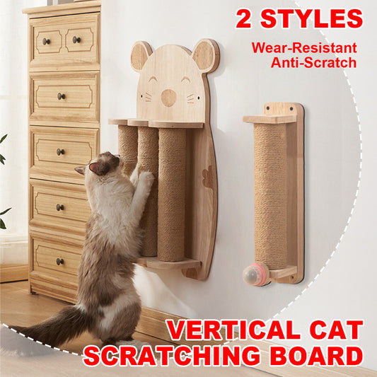 Pure Ego 2Style wood wall-mounted cat scratching post with natural sisal rope and claw grinding toy, ideal for feline claw care.