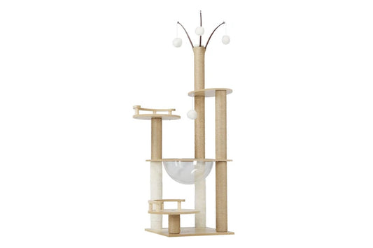 Pure Ego 132cm cat tree with scratching post, featuring multiple platforms and cozy hideouts for feline play and relaxation.