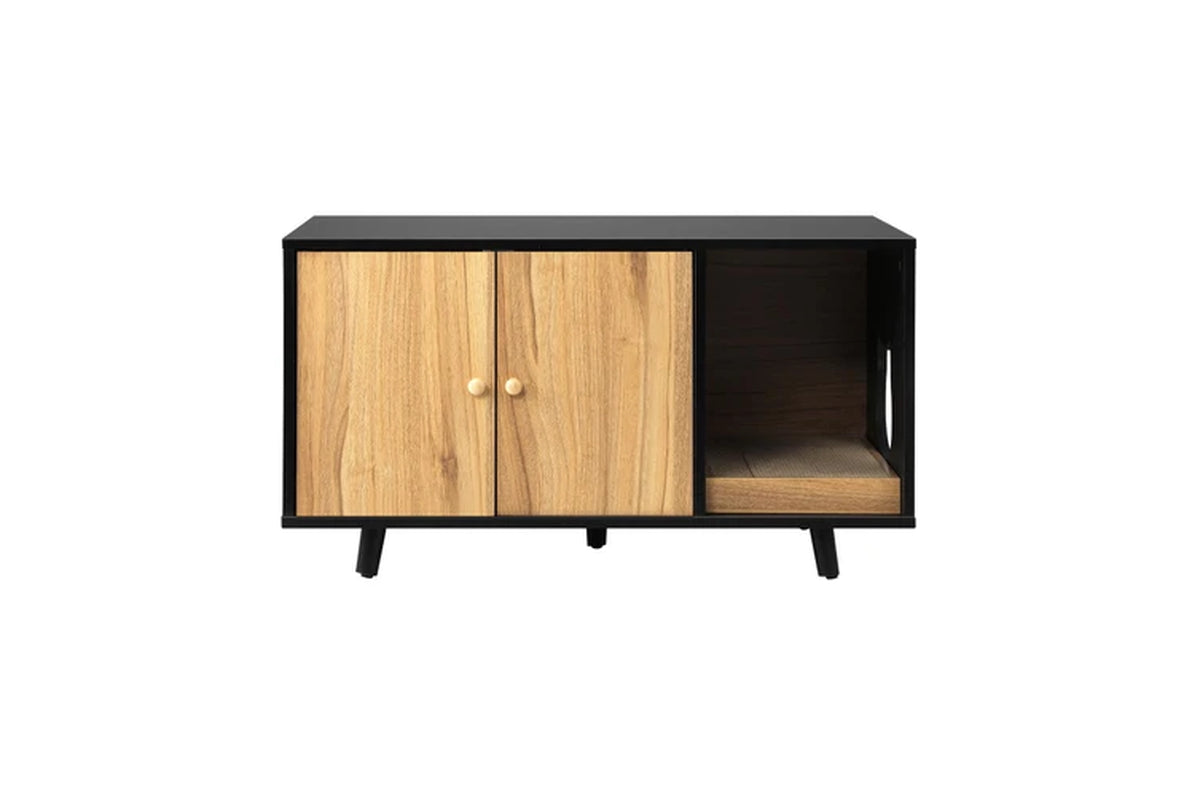 Pure Ego wood cat litter box enclosure cabinet with hidden tray, functional cat furniture for discreet litter management.