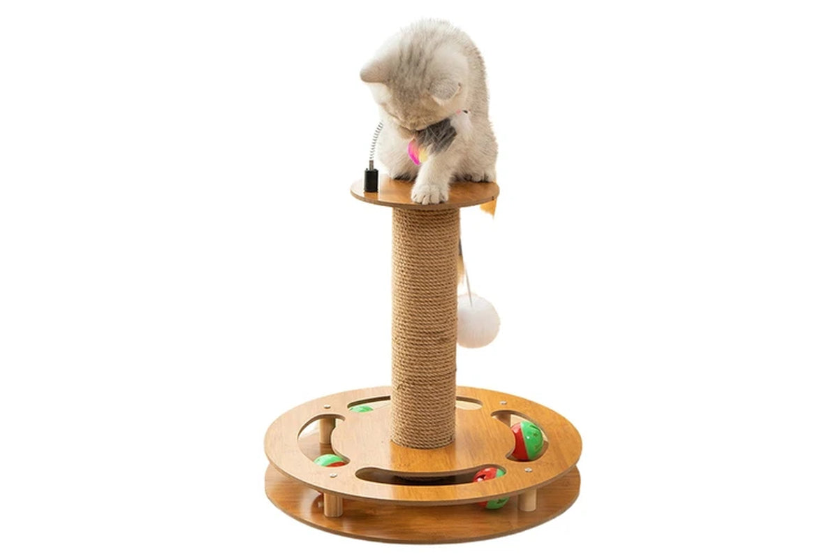 Pure Ego 4-in-1 Cat Scratching Post with multiple platforms, sisal scratching surfaces, and cozy hideouts for cats.