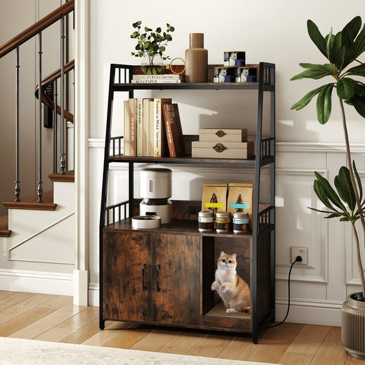 Pure Ego cat litter box enclosure with storage shelves and scratching pad, designed for stylish pet hygiene and convenience.