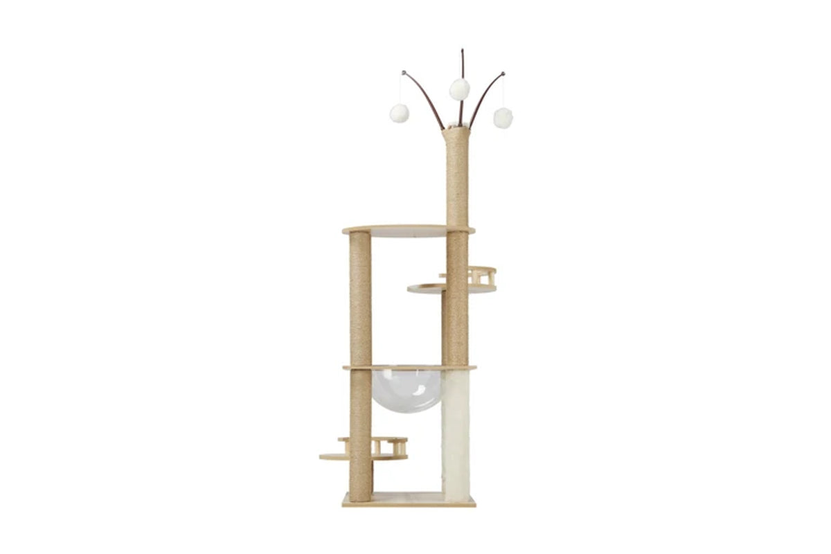 Pure Ego 132CM cat tree with scratching post, featuring multiple platforms and sisal scratching surfaces for cats.