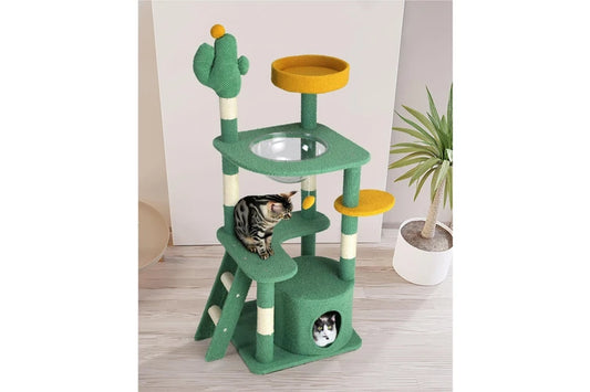 Pure Ego cat tree tower scratching post, 130cm tall, with multiple platforms and sisal scratching surfaces for indoor feline play.