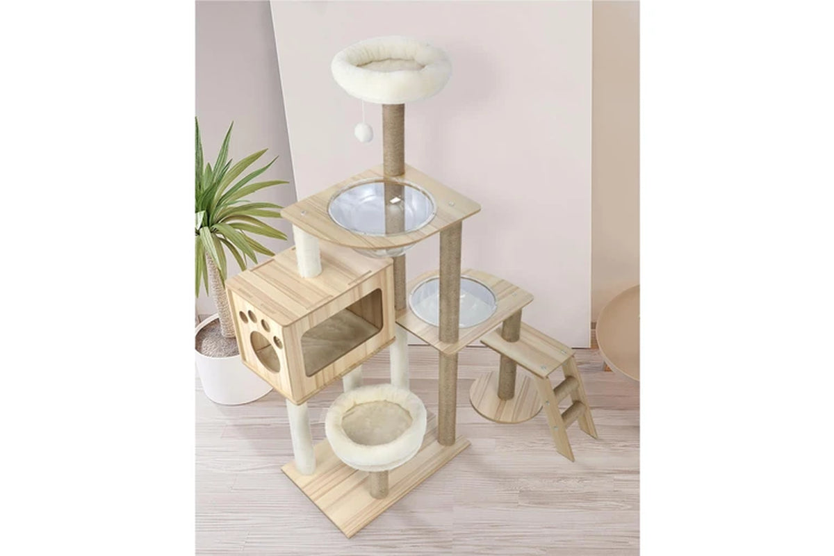 Pure Ego cat tree and scratching post, 142cm tall, with multiple platforms and sisal scratching surfaces for cats.