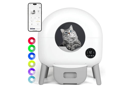 Smart cat litter box by Pure Ego with automatic self-cleaning, app control, and modern design for convenient pet care.