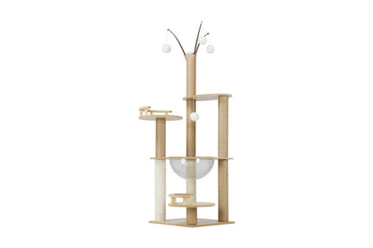 Pure Ego cat tree scratching post, 132cm tall, with multiple platforms and sisal scratching surfaces for cats.