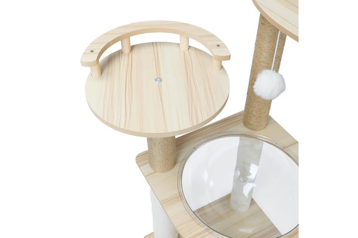 Pure Ego cat tree and scratching post, 132cm tall, with multiple platforms and scratching surfaces for cats to climb and scratch.