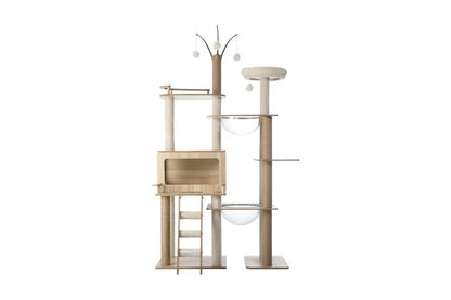 Large 172cm wooden cat tree with scratching post and tower, perfect for cats to climb, scratch, and relax.