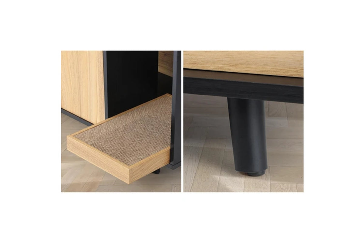Pure Ego wooden cat litter box enclosure cabinet with hidden tray and cat furniture design, providing a stylish solution for litter privacy.
