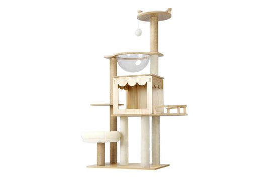 Pure Ego cat tree scratching post, 131cm tall, with multiple platforms and sisal scratching surfaces for cats to climb and scratch.