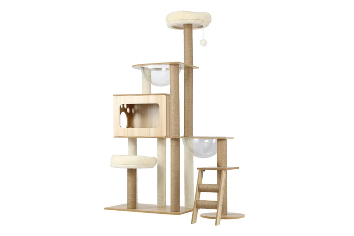 Pure Ego cat tree and scratching post, 142cm tall with multiple platforms and sisal scratching surfaces for feline entertainment.