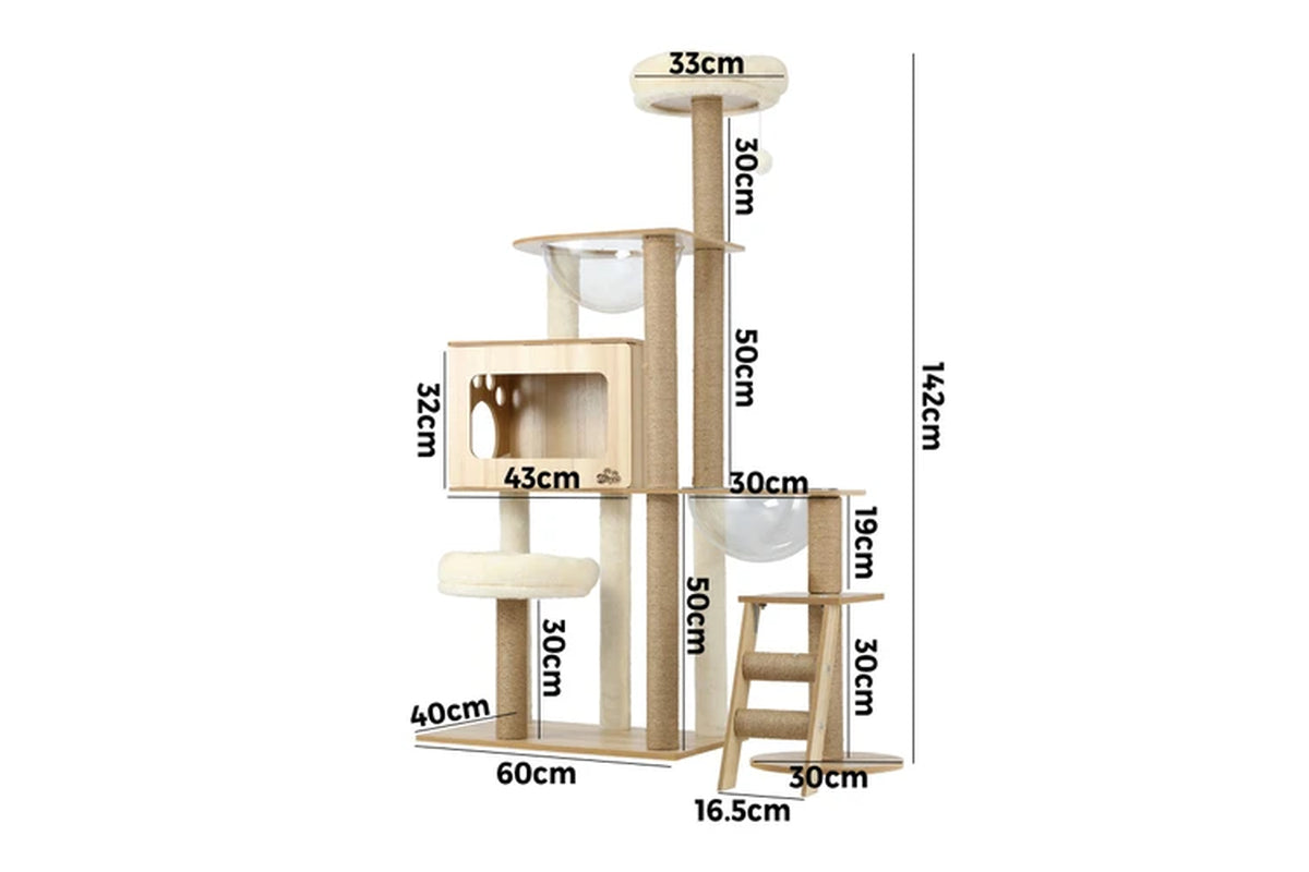 Pure Ego cat tree scratching post, 142cm tall with multiple platforms and scratching surfaces for cats to climb and play.