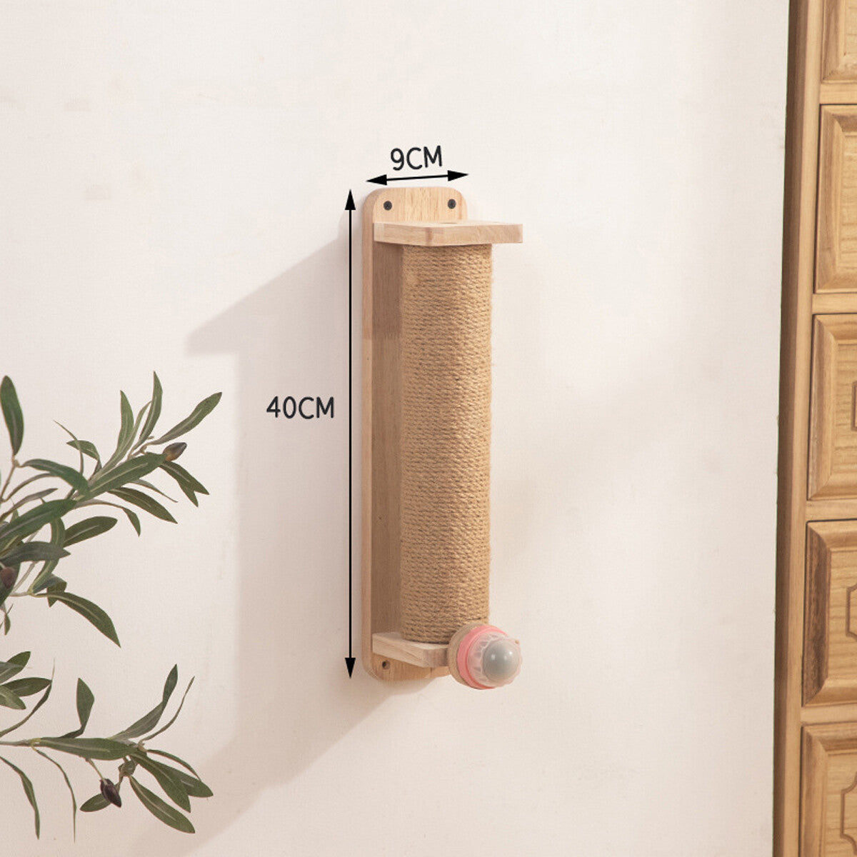 Pure Ego 2Style wood wall-mounted cat scratching post with natural sisal rope for claw grinding and scratching.