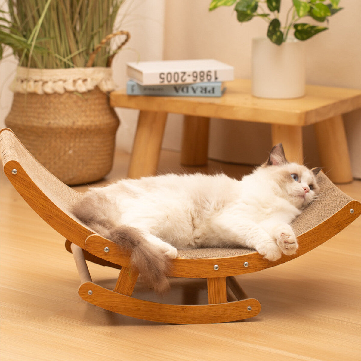 Durable Pure Ego cat scratching board with shaker bed made of corrugated paper, perfect for all seasons and feline play.