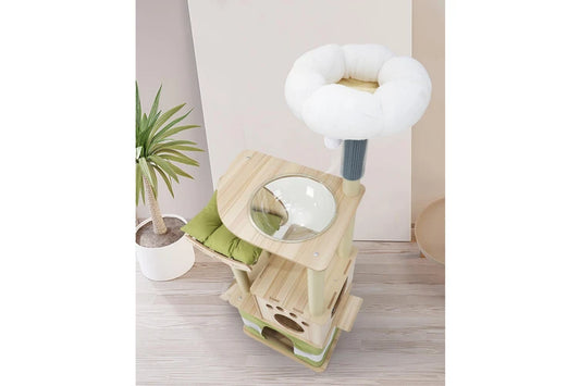 Pure Ego cat tree tower with multiple platforms and scratching posts, 160cm tall for feline climbing and scratching.