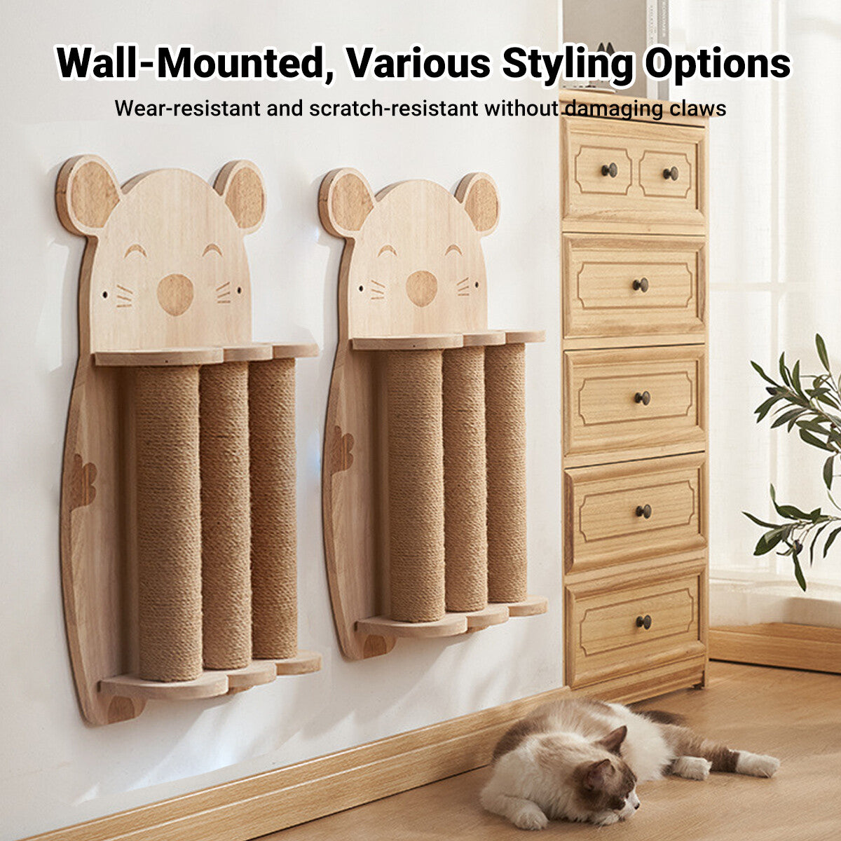 Pure Ego 2Style wood wall-mounted cat scratching post with natural sisal rope and claw grinding toy for cats.