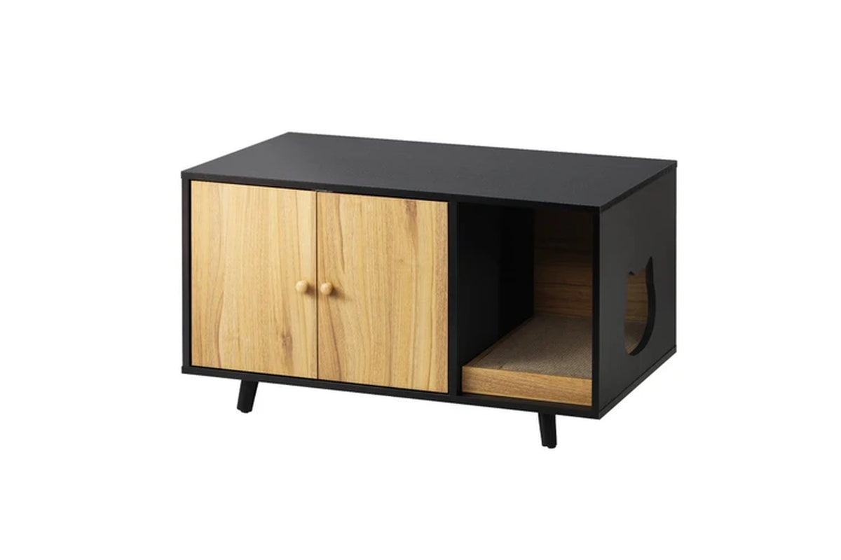 Pure Ego wooden cat litter box enclosure cabinet with hidden tray, stylish cat furniture for discreet litter storage.