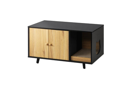 Pure Ego wooden cat litter box enclosure cabinet with hidden tray, stylish cat furniture for discreet litter storage.