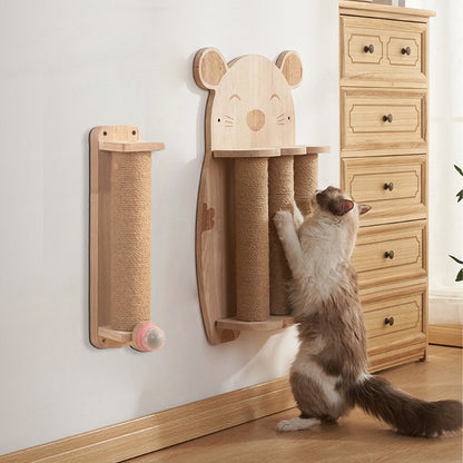 Wall-mounted cat scratching post by Pure Ego with natural wood finish and sisal rope for scratching and claw grinding.