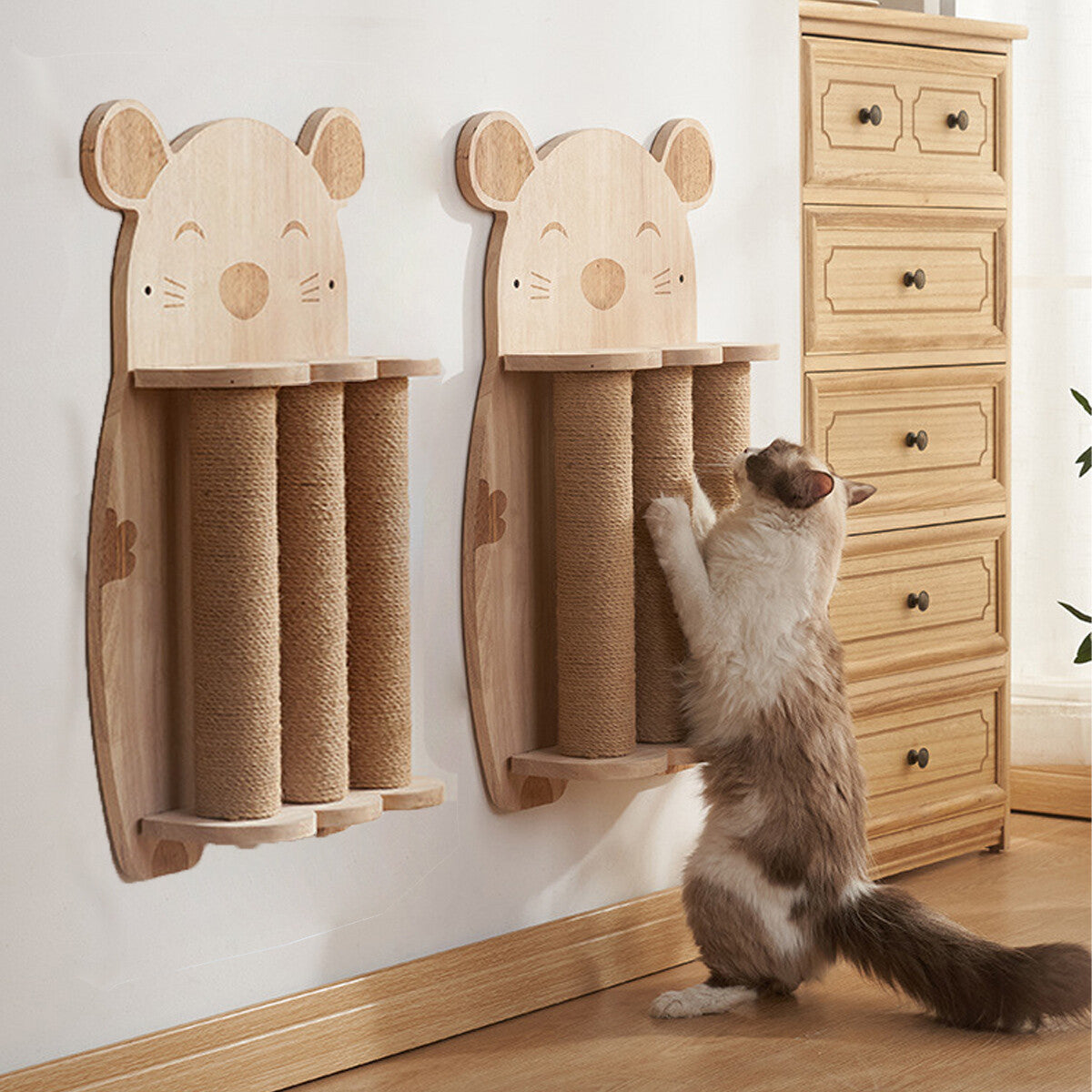 Wood wall-mounted cat scratching post with natural sisal rope and claw grinding toy by Pure Ego for cats to scratch and play.