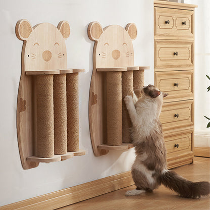Wood wall-mounted cat scratching post with natural sisal rope and claw grinding toy by Pure Ego for cats to scratch and play.