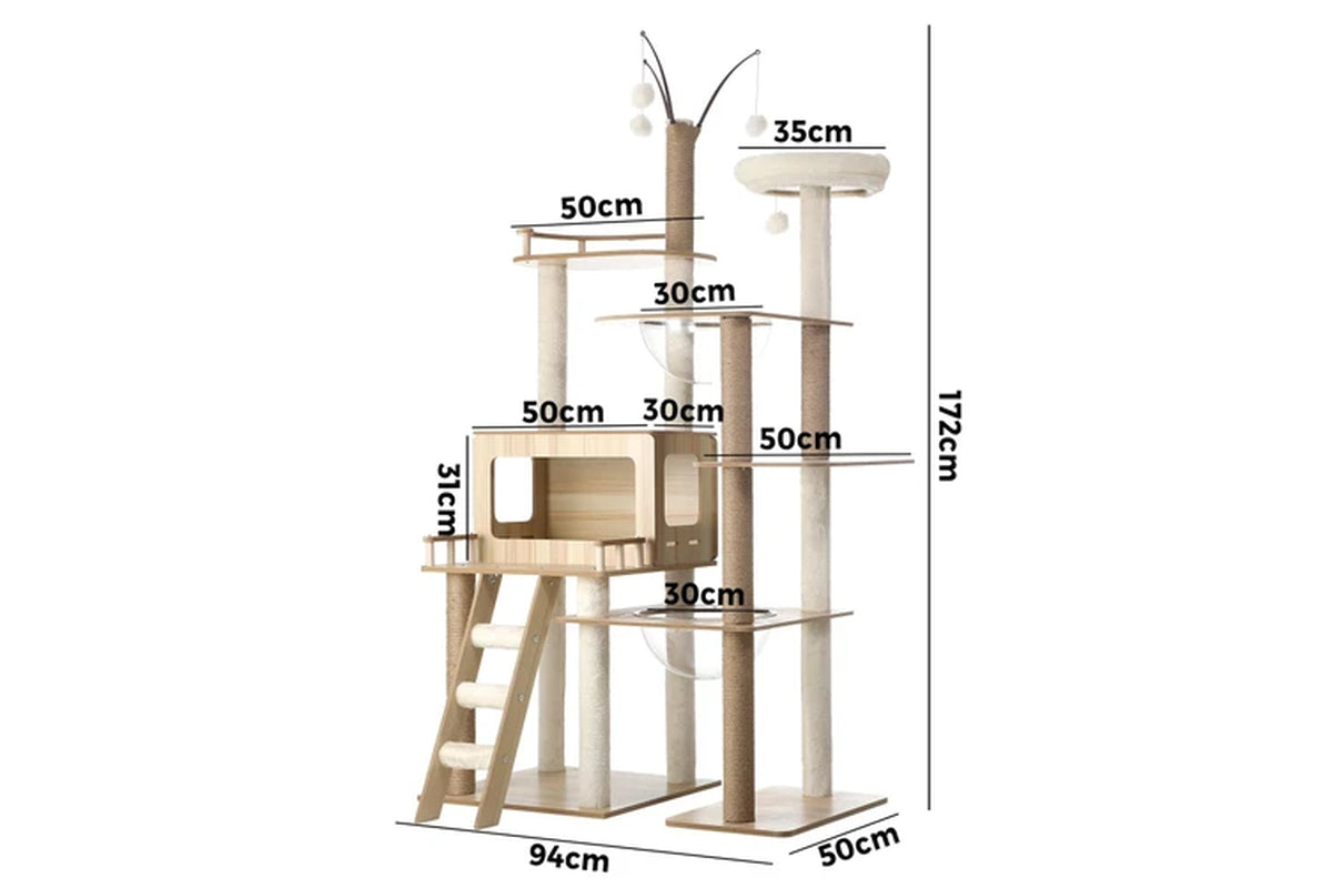 Large 172cm Pure Ego cat tree with wood scratching post and tower for climbing and scratching, ideal for active cats.