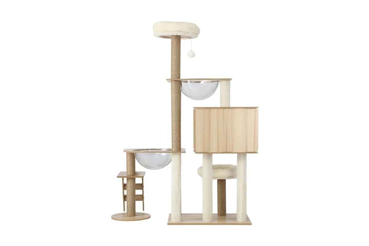 Pure Ego cat tree scratching post, 142cm tall, with multiple platforms and sisal scratching surfaces for cats.