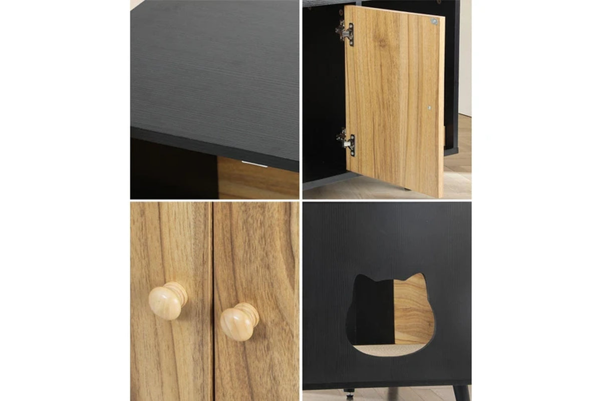 Pure Ego wooden cat litter box enclosure with hidden tray, stylish cat furniture cabinet designed for discreet litter storage.