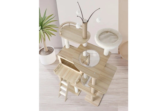Large 172cm Pure Ego cat tree with wooden scratching posts and climbing tower for cats to scratch, play, and rest.
