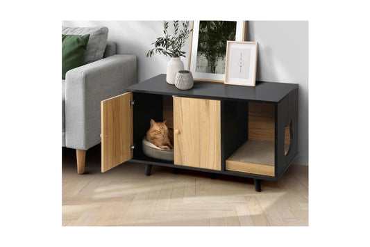 Wooden cat litter box enclosure by Pure Ego with a hidden tray and cabinet design, blending functional cat furniture with stylish decor.