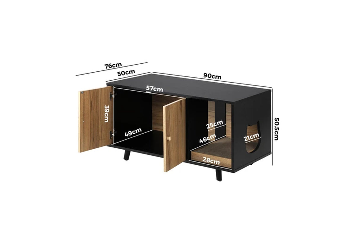 Pure Ego wood cat litter box enclosure cabinet with hidden tray and stylish cat furniture design, ideal for discreet pet waste management.