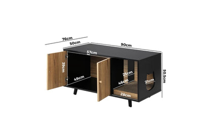 Pure Ego wood cat litter box enclosure cabinet with hidden tray and stylish cat furniture design, ideal for discreet pet waste management.