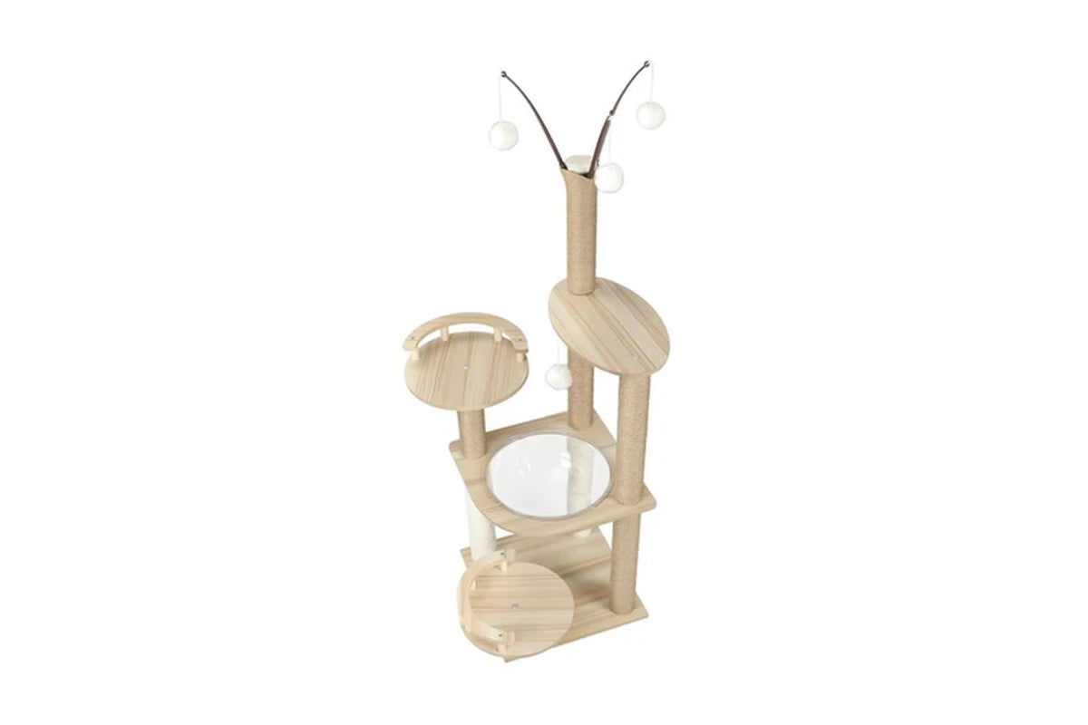 Pure Ego cat tree scratching post, 132cm tall with multiple platforms and sisal scratching surfaces for cats.