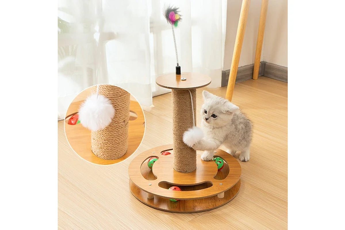 Pure Ego 4 in 1 Cat Scratching Post with multiple scratching surfaces, cozy hideout, and hanging toys for cats.