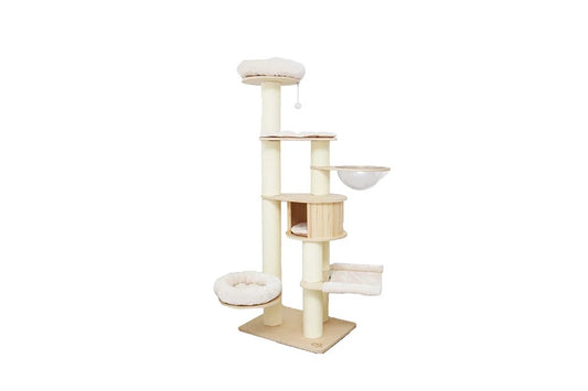 White Solid Wood Catio Cat Climbing Tree Post with Scratcher by Pure Ego, measuring 194 cm tall for feline play and exercise.