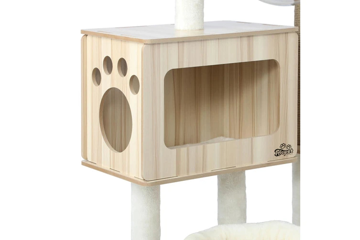 Pure Ego cat tree with scratching post, 142cm tall, featuring multiple platforms and sisal-wrapped scratching surfaces for cats.