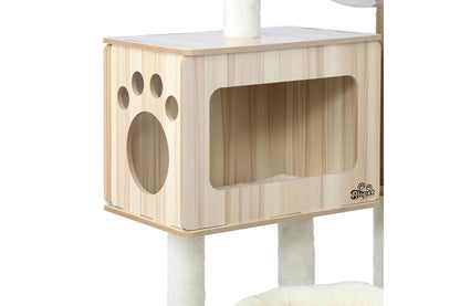Pure Ego cat tree with scratching post, 142cm tall, featuring multiple platforms and sisal-wrapped scratching surfaces for cats.