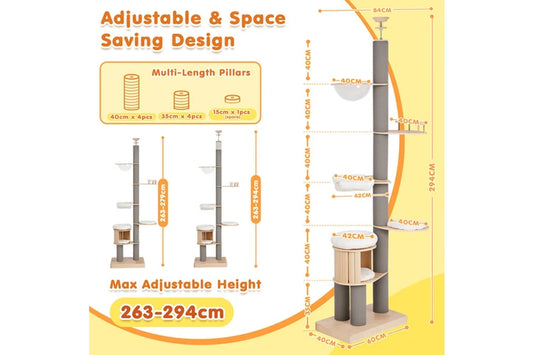 Grey tall cat tree for large cats by Pure Ego, with multiple levels, scratching posts, and adjustable height from floor to ceiling.