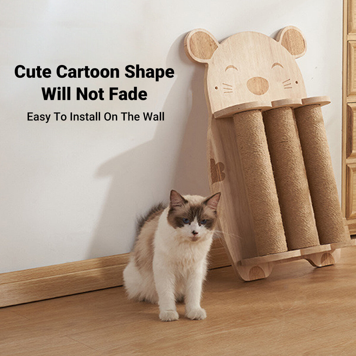 Pure Ego 2Style wood wall-mounted cat scratching post with natural sisal rope and claw grinding toy for cats.