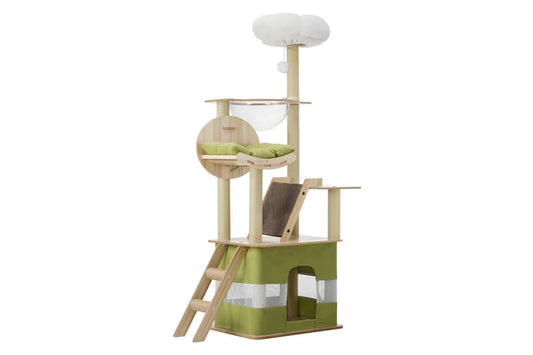 Pure Ego cat tree tower with scratching post, 152cm tall, featuring multiple platforms and sisal scratching surfaces for cats.