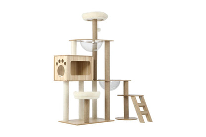 Pure Ego cat tree and scratching post, 142cm tall, featuring multiple platforms and scratching surfaces for cats.