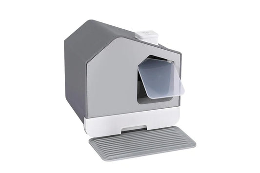 Large grey enclosed I.Pet cat litter box with hood, scoop, and mat for easy cleaning and odor control.