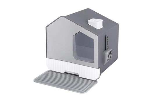 Large grey I.Pet cat litter box with hood, enclosed tray, scoop, and mat for easy cleaning and odor control.
