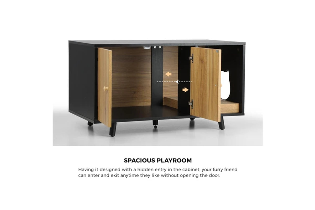 Pure Ego wooden cat litter box enclosure with hidden tray and cabinet design, ideal for discreet cat furniture.
