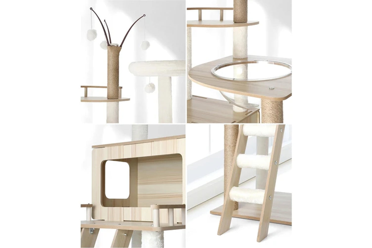 Large 172cm wooden cat tree with scratching post and tower by Pure Ego, designed for cats to climb, scratch, and relax.